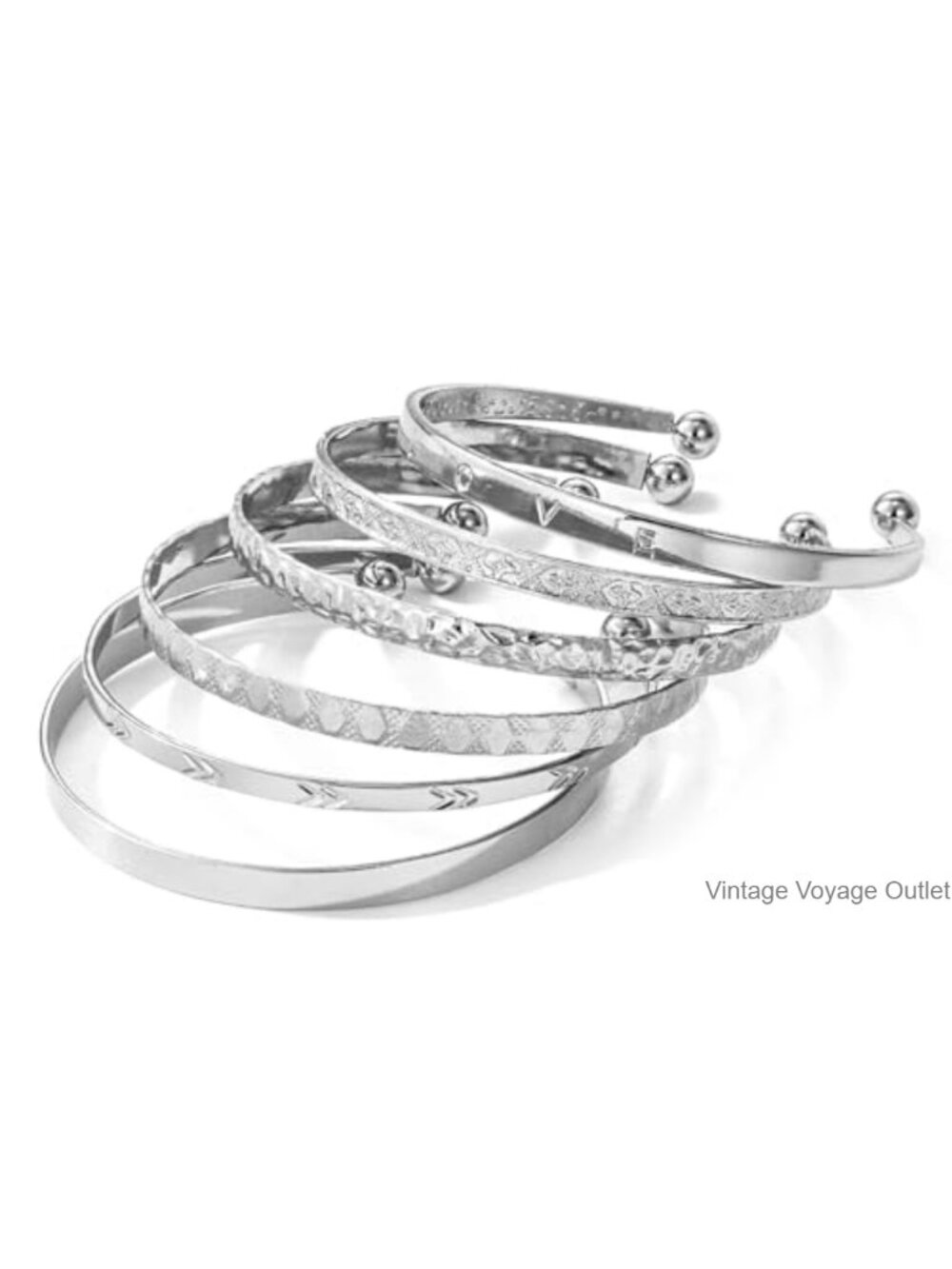 6pc Silver Bangle Bracelet Set 14K Silver Plated Adjustable Women Stackable